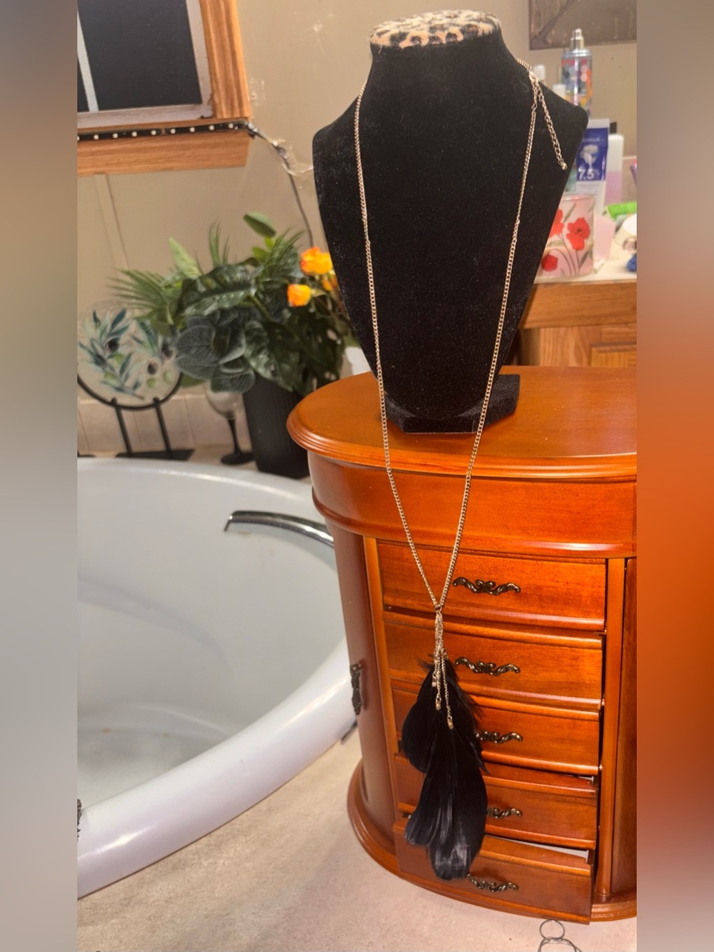 Long Black Feather Pendant Necklace